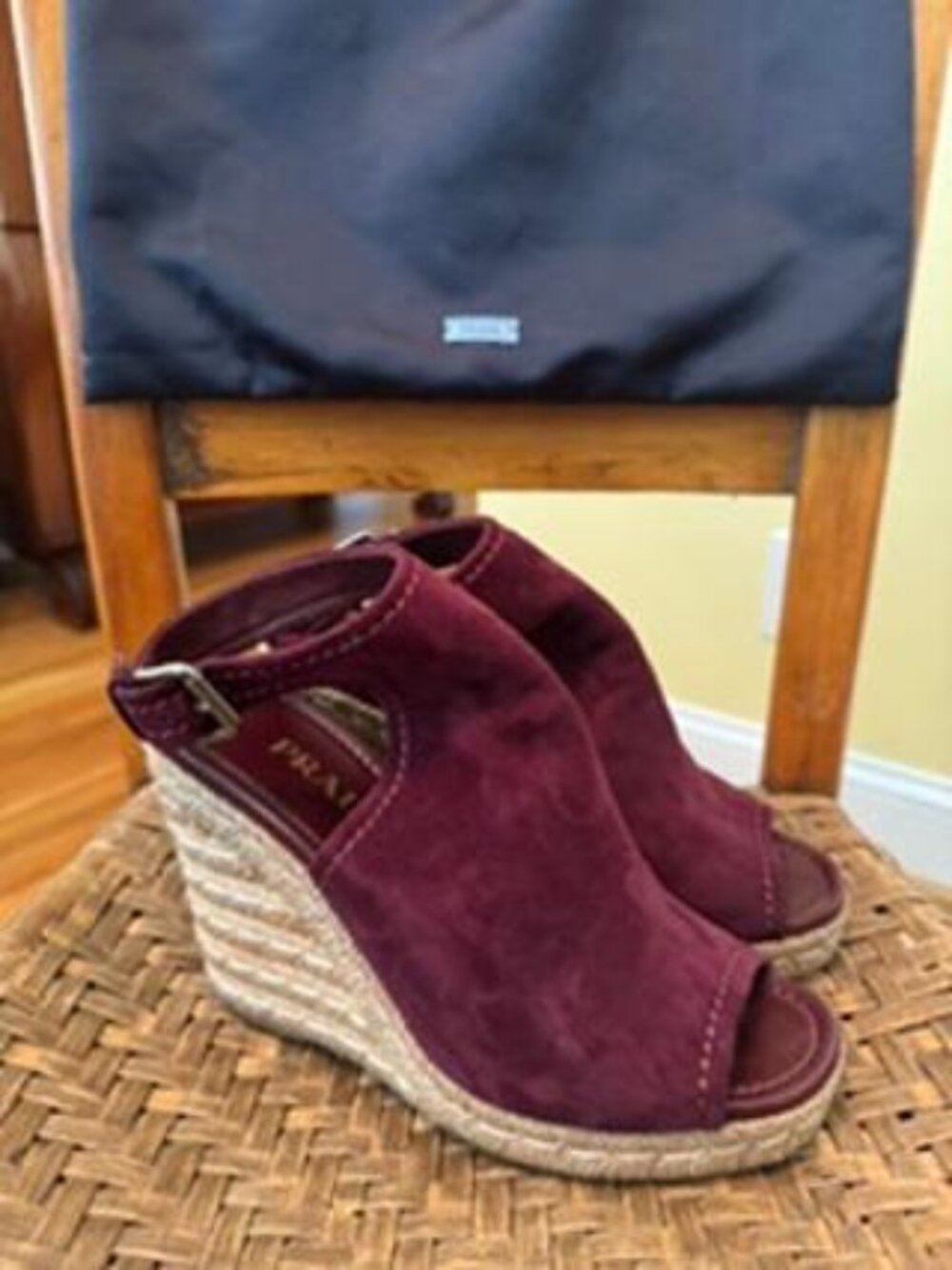 Prada Burgundy Suede Open Toe Espadrille Wedge Sandals EU 38